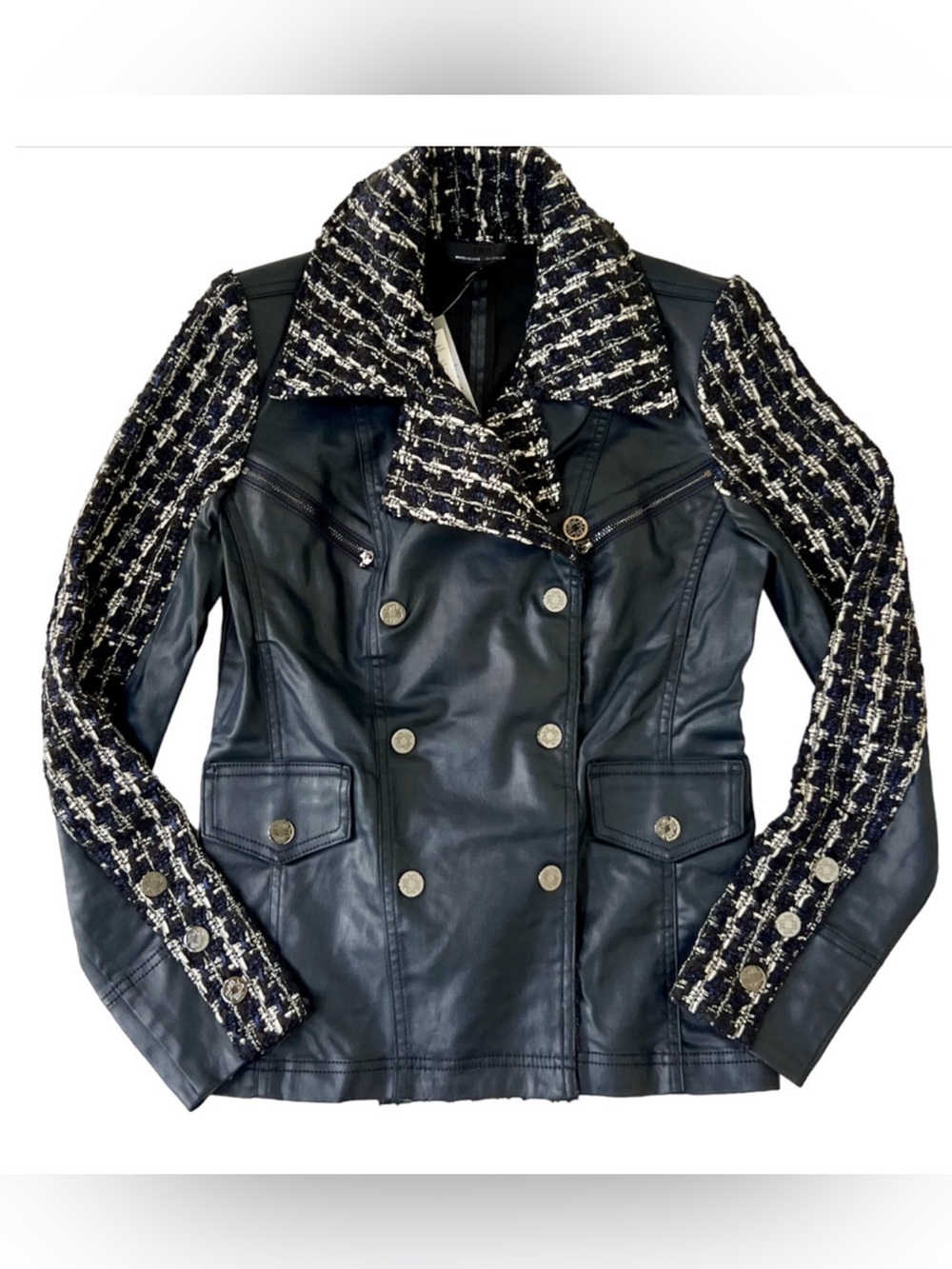 WHITE HOUSE BLACK MARKET WHBM BLUE COATED DENIM & TWEED MOTORCYCLE JACKET SZ 0